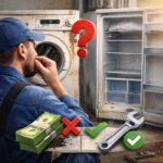 Eski beyaz eşya tamir ettirmeye değer mi sorusunu değerlendiren teknisyen ve eski cihazlar