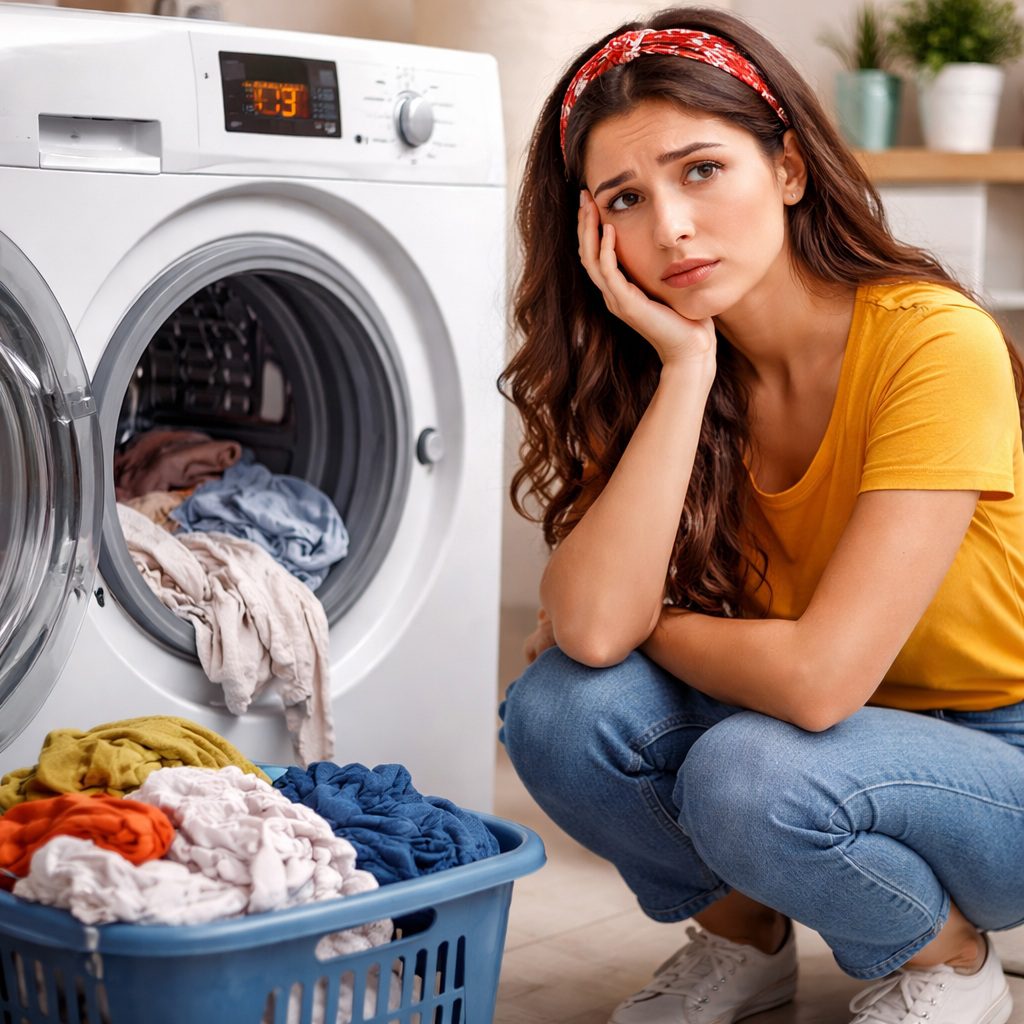Çamaşır makinesi su almıyor ve sıkmaya geçmiyor arızası yaşayan bozuk makinenin başında duran kadın