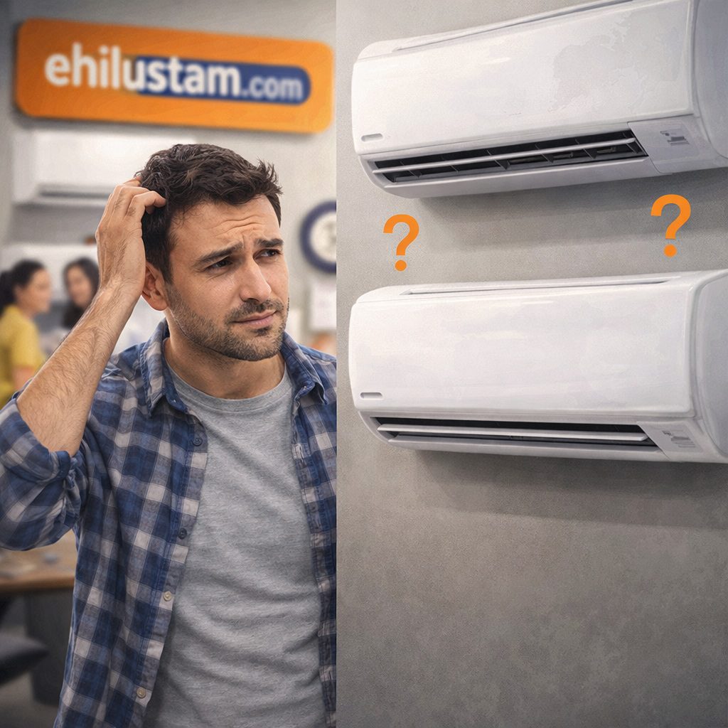 En dayanıklı klima markası araştıran, mağazada kararsız kalan Türk kullanıcı ve ehilustam.com logosu