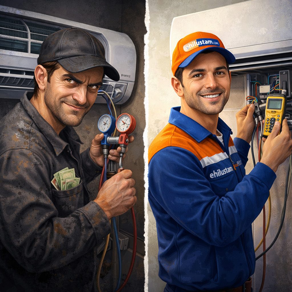 Klima servisi dolandırıcılığı yapan usta ile işini düzgün yapan ehilustam.com klima ustasının karşılaştırması