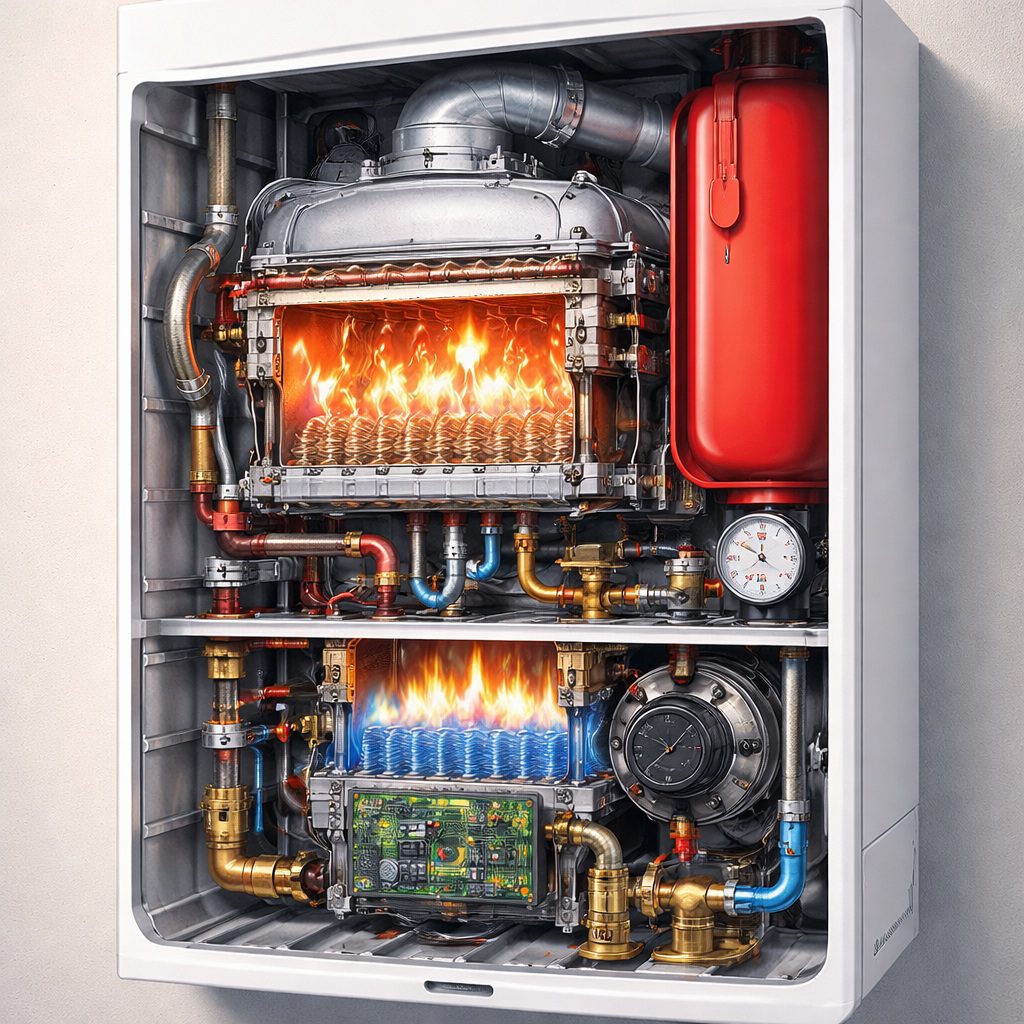 Kombi ateşleme yapmıyor sorununun nedenlerini anlatan, çalışan kombinin iç mekanizması çizimi