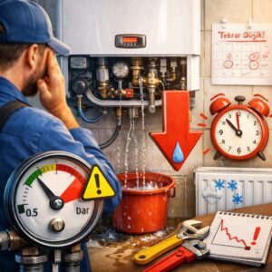 Kombi basınç sürekli düşüyor sorunu yaşayan evde, su akıtan kombiyi kontrol eden servis teknisyeni