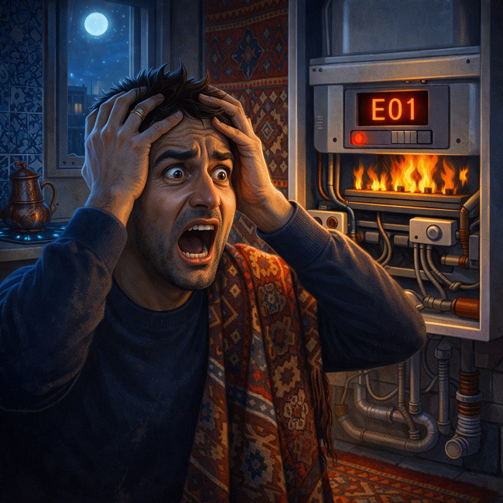 Gece vakti kombisi bozulan panik halindeki bir kişinin kombi bozulduğunda ne yapılmalı sorusuna çözüm aradığı an