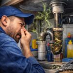 Mutfak giderinden koku geliyor sorunu yaşayan evde, tıkalı ve kirli lavabo giderini inceleyen tesisat ustası