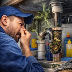 Mutfak giderinden koku geliyor sorunu yaşayan evde, tıkalı ve kirli lavabo giderini inceleyen tesisat ustası