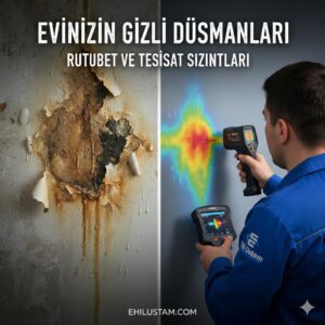 Ehil Ustam uzmanı, termal kamera ve akustik dinleme cihazı kullanarak duvardaki rutubet ve tesisat sızıntıları tespiti yapıyor. Görselde hasarlı, dökülen bir duvar ve teknolojik cihazla yapılan profesyonel ölçüm yan yana gösterilmektedir.