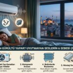 Gece yatakta uyumaya çalışan huzursuz bir kadın, odadaki gürültülü klimanın teknik sorunlarını ve dışarıdaki İstanbul manzarasını gösteren infografik.