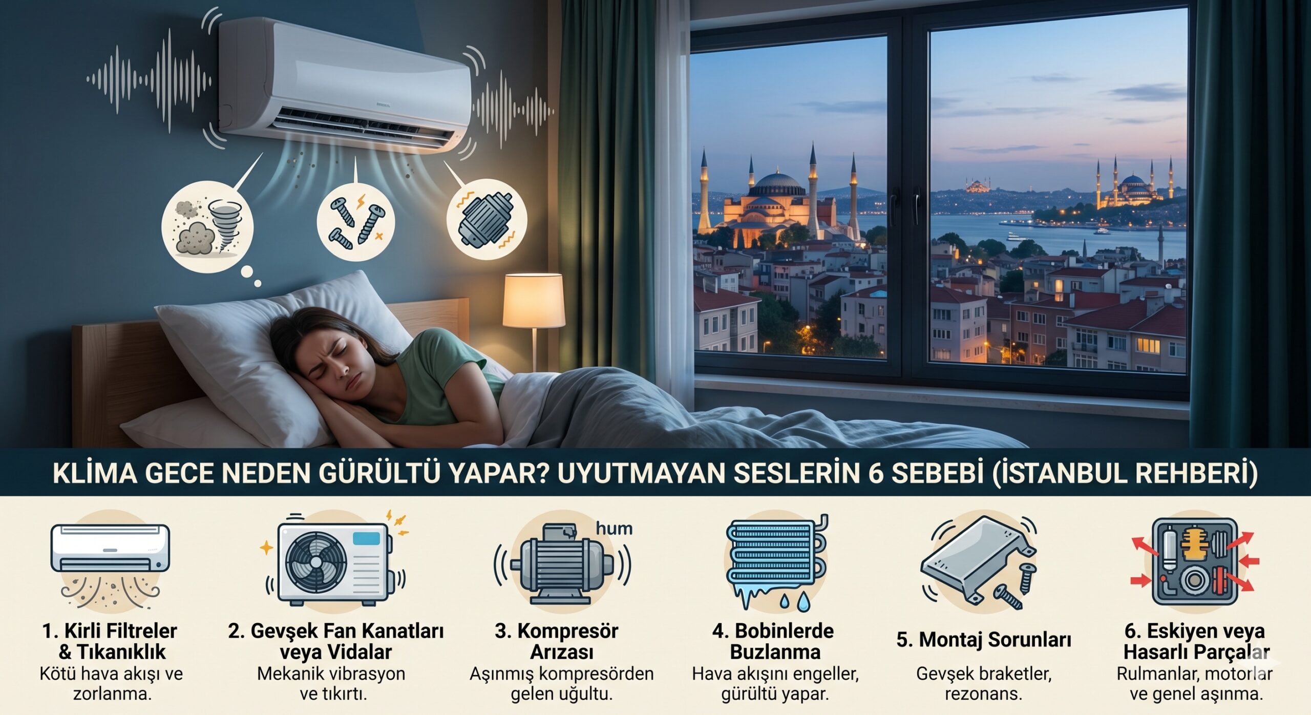 Gece yatakta uyumaya çalışan huzursuz bir kadın, odadaki gürültülü klimanın teknik sorunlarını ve dışarıdaki İstanbul manzarasını gösteren infografik.